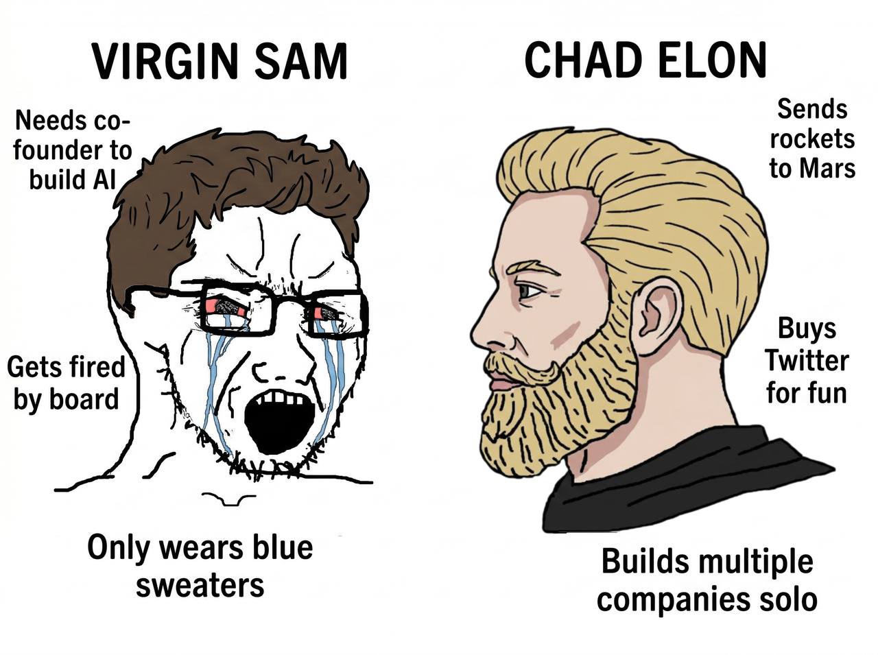 Virgin Sam vs Chad Elon — illustrated specimen.